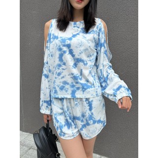 Bộ set cotton loang trắng xanh xương cá quần ngắn lưng thun có túi kèm áo dài tay xẻ vai - Lovadova 20O05C010