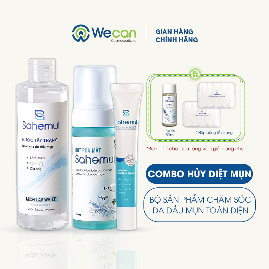 Combo 3 Sản Phẩm Kem Ngừa Mụn 20gr, Bọt Rửa Mặt 150ml và Nước Tẩy Trang Sahemul 250ml Dành Cho Da Dầu Mụn