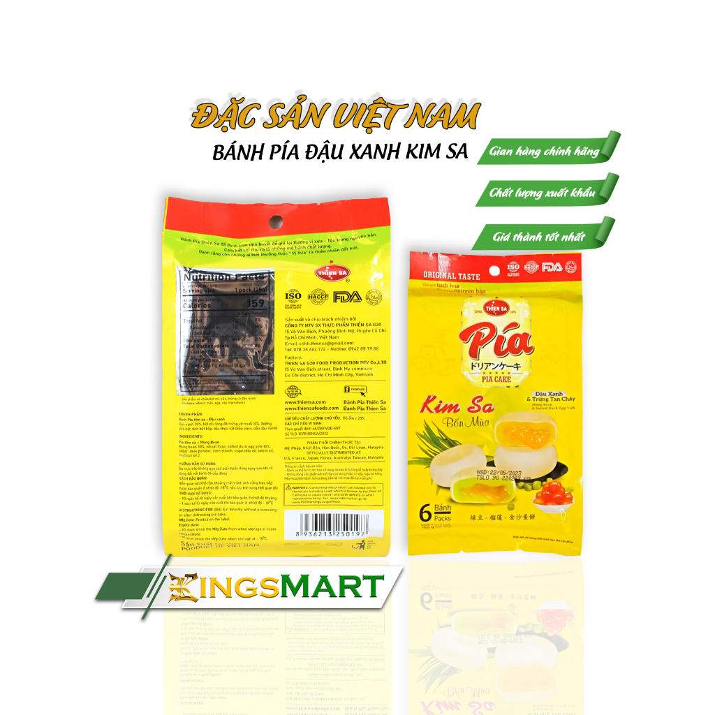 Bánh Pía Kim Sa Đậu Xanh - Thương hiệu Thiên Sa - Túi 150g/6 bánh - Kingsmart