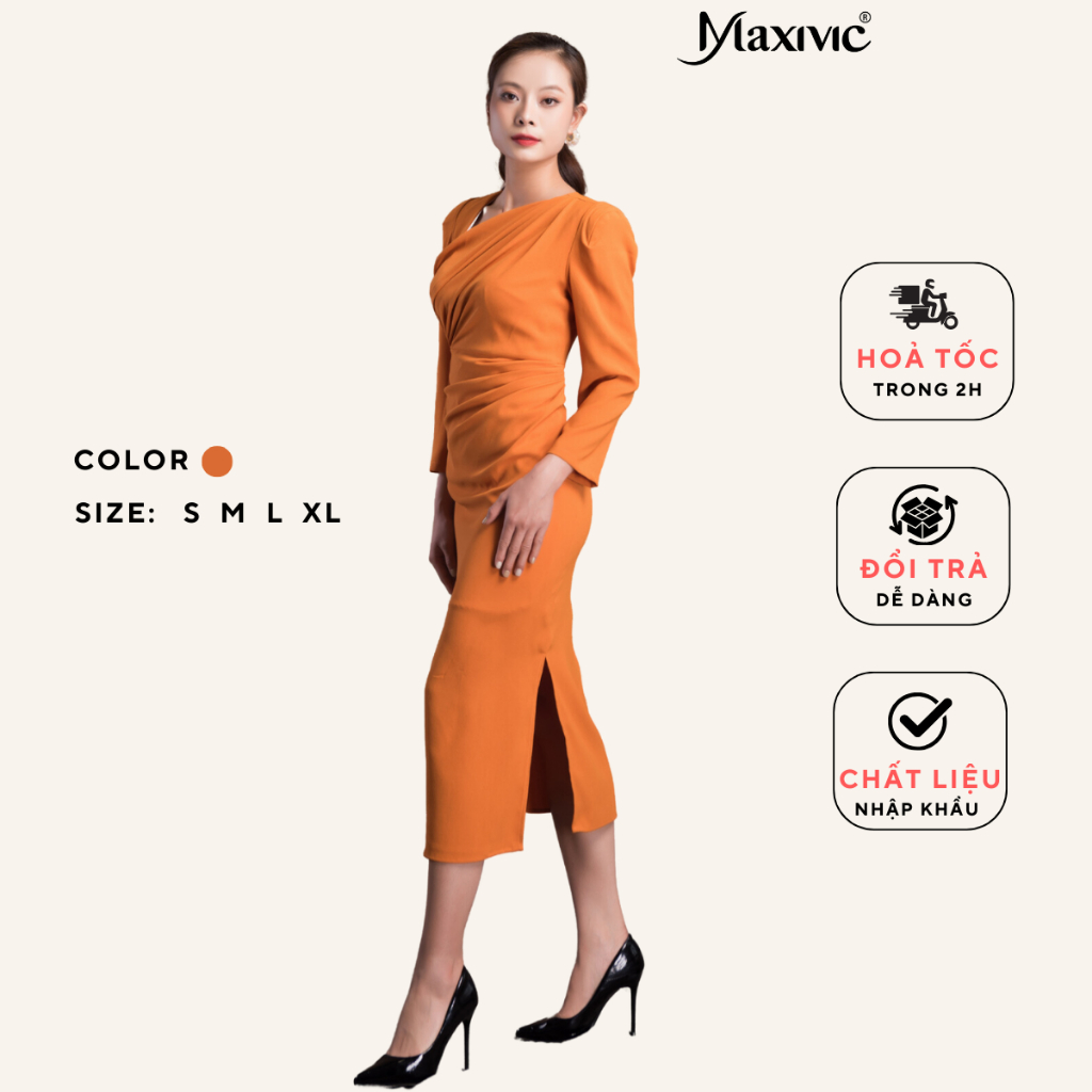 Đầm Lụa Cam Cổ Chữ V Xéo Dáng Vest Maxivic M012307