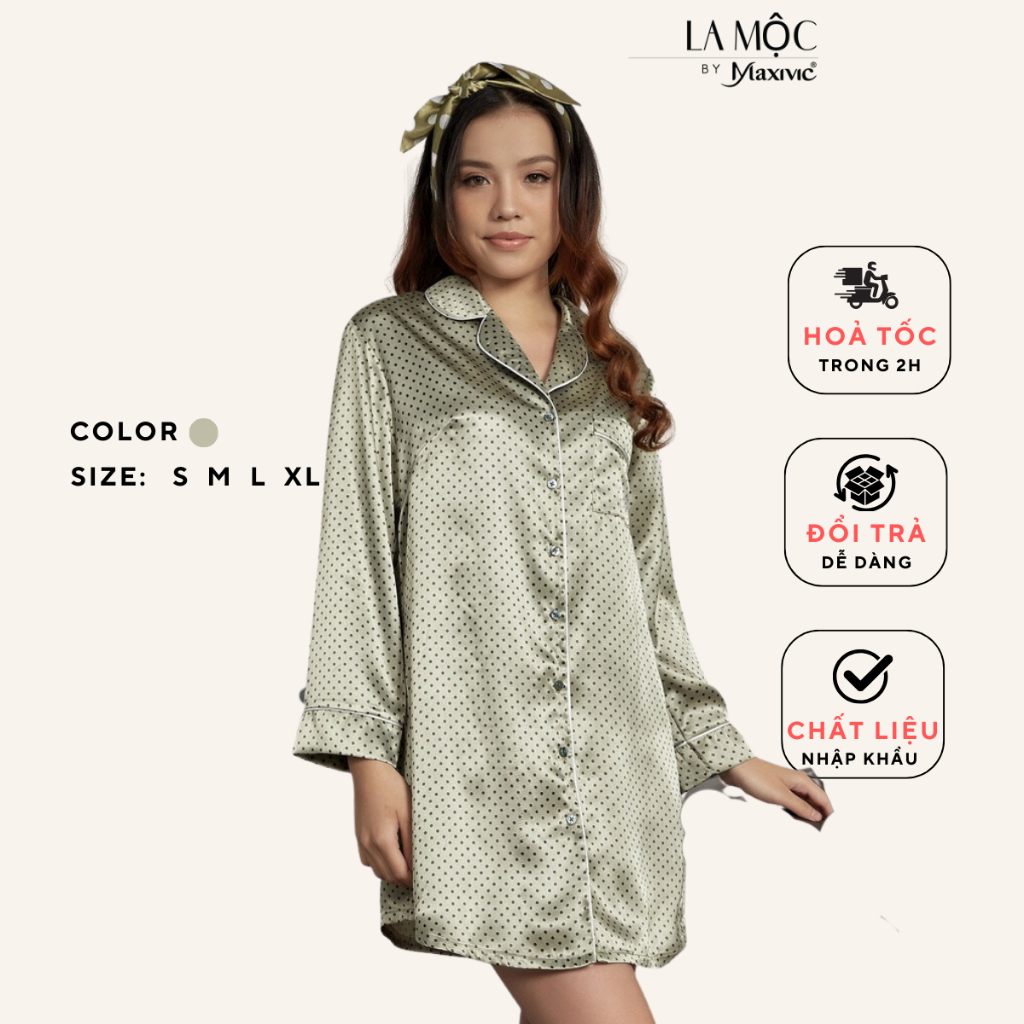 Đầm ngủ lụa satin Hàn, đầm pyjama tay dài màu xanh chấm bi nhí La Mộc by Maxivic - MM112105