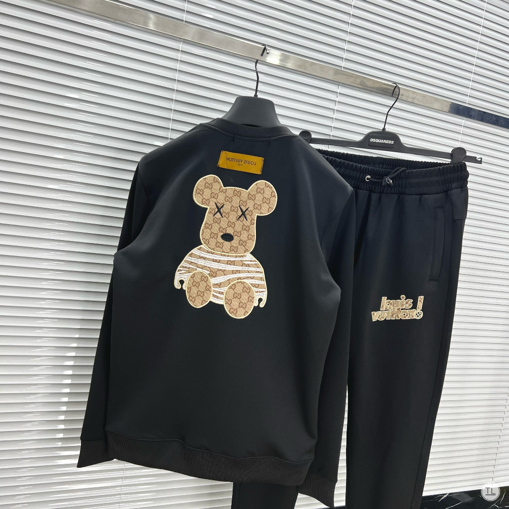 Bộ Quần Áo Nỉ Nam LV Thêu Hình Gấu, Bộ Đồ nỉ nam dài Tay Mùa Đông HOT TREND cho nam và nữ mùa đông năm 2023