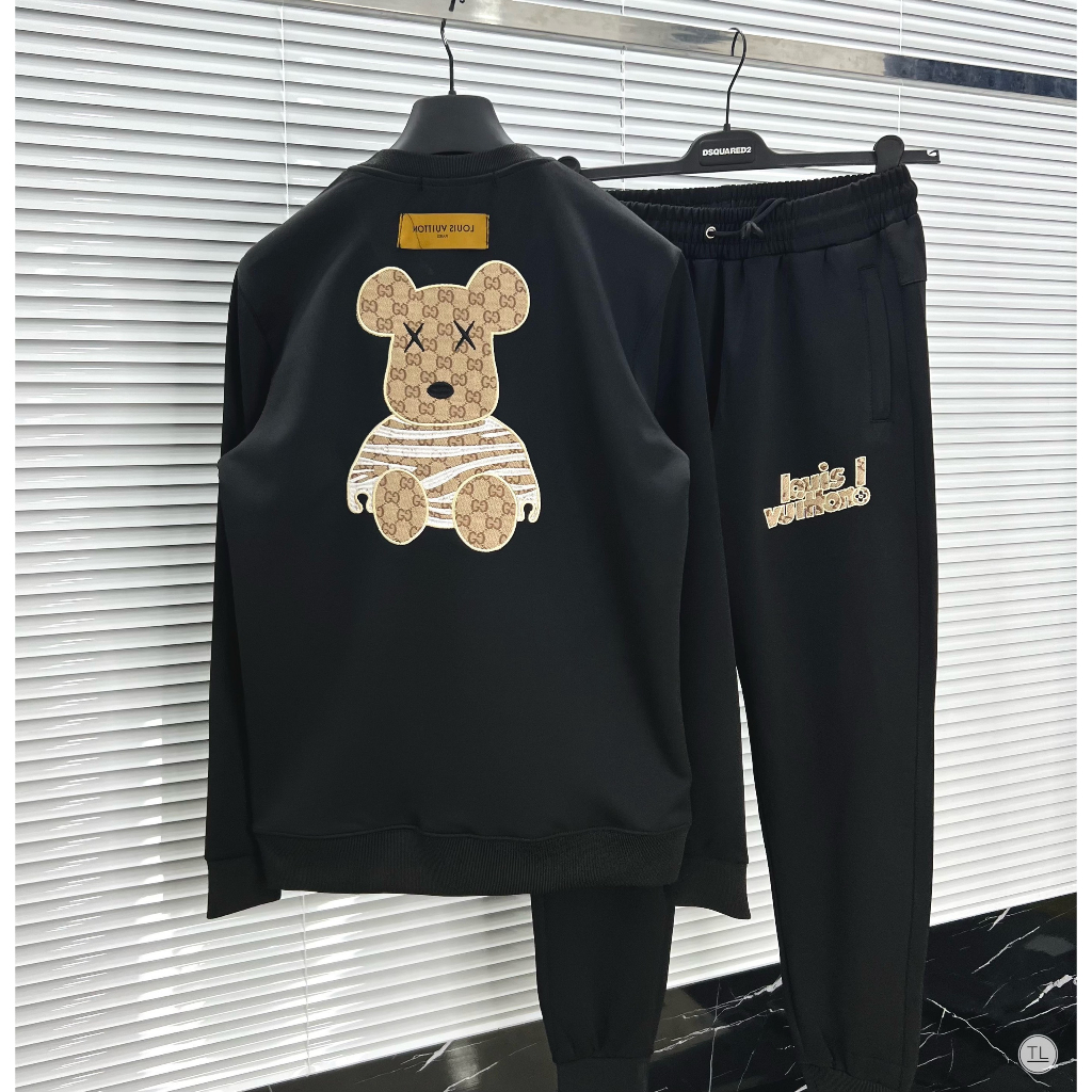Bộ Quần Áo Nỉ Nam LV Thêu Hình Gấu, Bộ Đồ nỉ nam dài Tay Mùa Đông HOT TREND cho nam và nữ mùa đông năm 2023