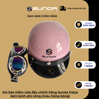 Mũ bảo hiểm nửa đầu chính hãng Sunda Halya kèm kính phi công - màu hồng nhạt bóng