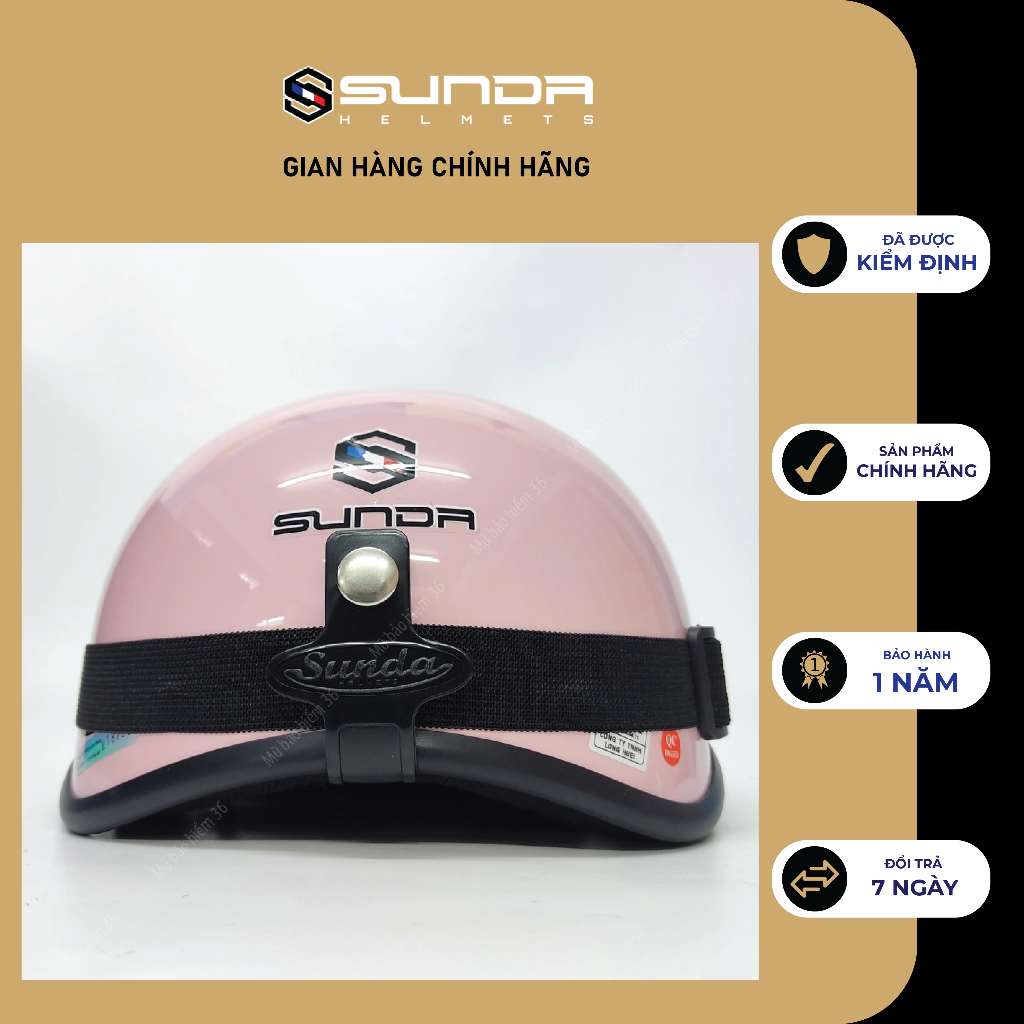 Mũ bảo hiểm nửa đầu chính hãng Sunda Halya kèm kính phi công - màu hồng bóng