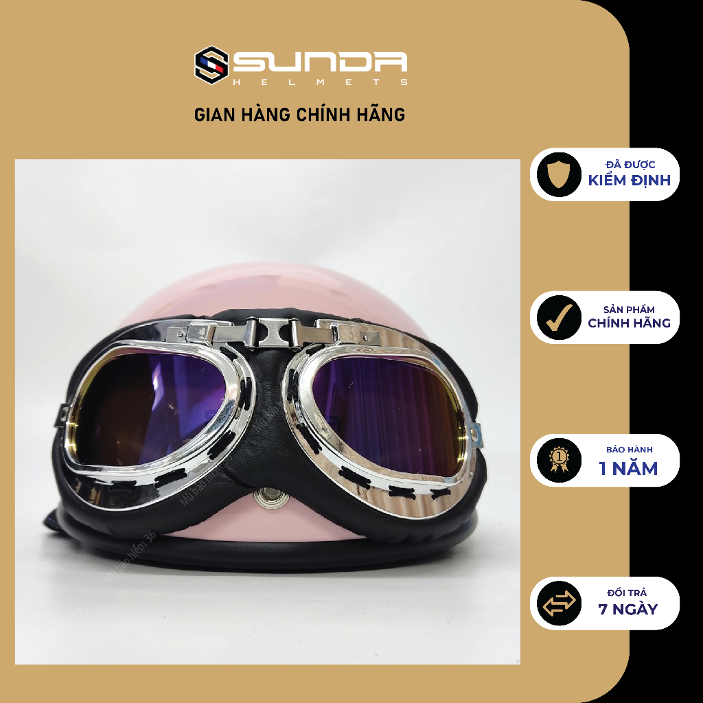 Mũ bảo hiểm nửa đầu chính hãng Sunda Halya kèm kính phi công - màu hồng bóng