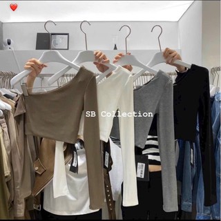 Áo thun croptop tay dài màu trơn lệch vai phong cách hàn quốc thời trang cho nữ
