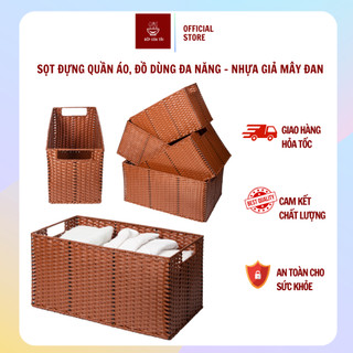 Giỏ đựng đồ đa năng, giỏ đựng quần áo có tay cầm, khay đựng đồ nhựa đan giả mây rẻ đẹp, trang trí nhà cửa, đựng quần áo