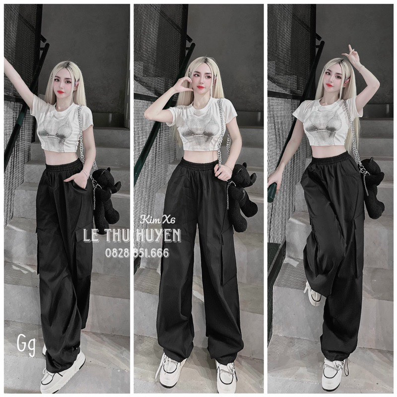 Set bộ nữ cá tính , áo thun in hình quần dài túi hộp rút dây ống