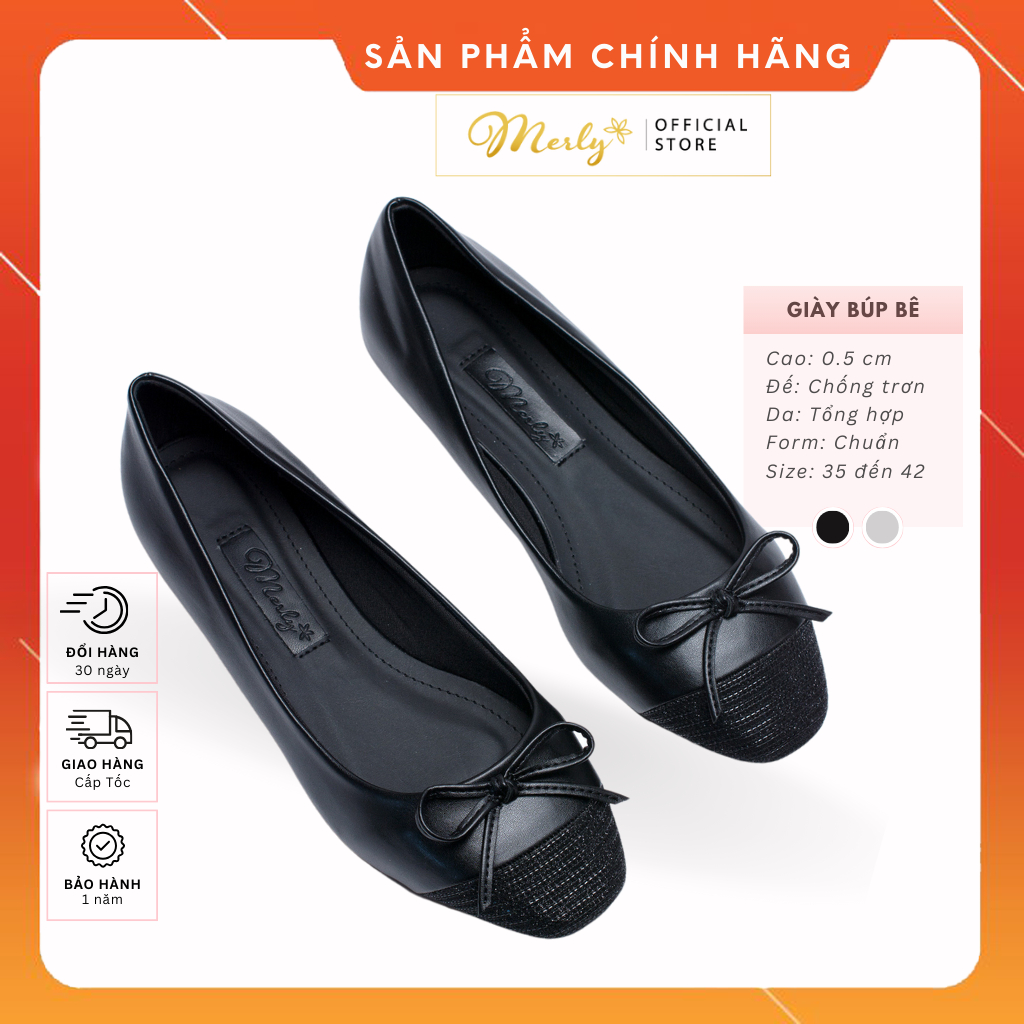 Giày Bệt Mũi Vuông Nơ Xinh Merly 1202 Tone Đen Giày Búp Bê Big Size 35 Đến 42, Giày Bệt Bít Mũi