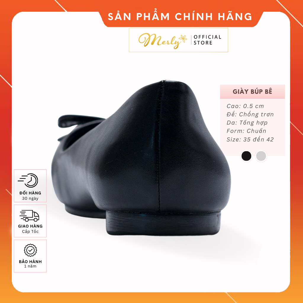 Giày Bệt Mũi Vuông Nơ Xinh Merly 1202 Tone Đen Giày Búp Bê Big Size 35 Đến 42, Giày Bệt Bít Mũi