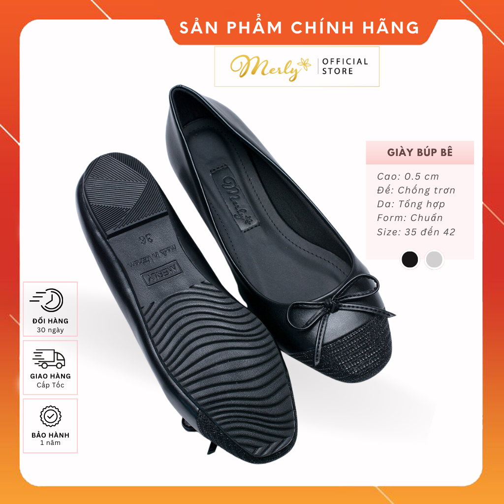 Giày Bệt Mũi Vuông Nơ Xinh Merly 1202 Tone Đen Giày Búp Bê Big Size 35 Đến 42, Giày Bệt Bít Mũi