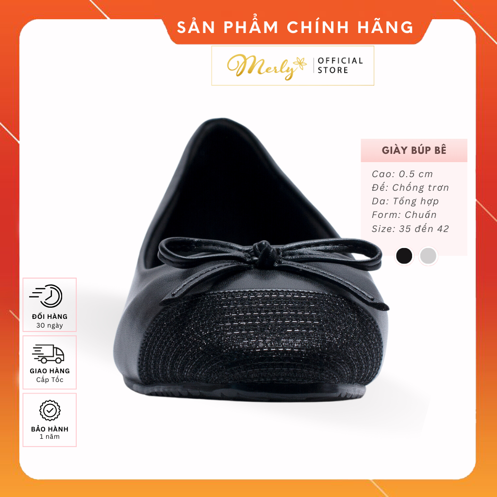 [Form Lớn 0.5 Size] Giày Bệt Mũi Vuông Nơ Xinh Merly 1202 Tone Đen Giày Búp Bê Big Size 35 Đến 42, Giày Bệt Bít Mũi