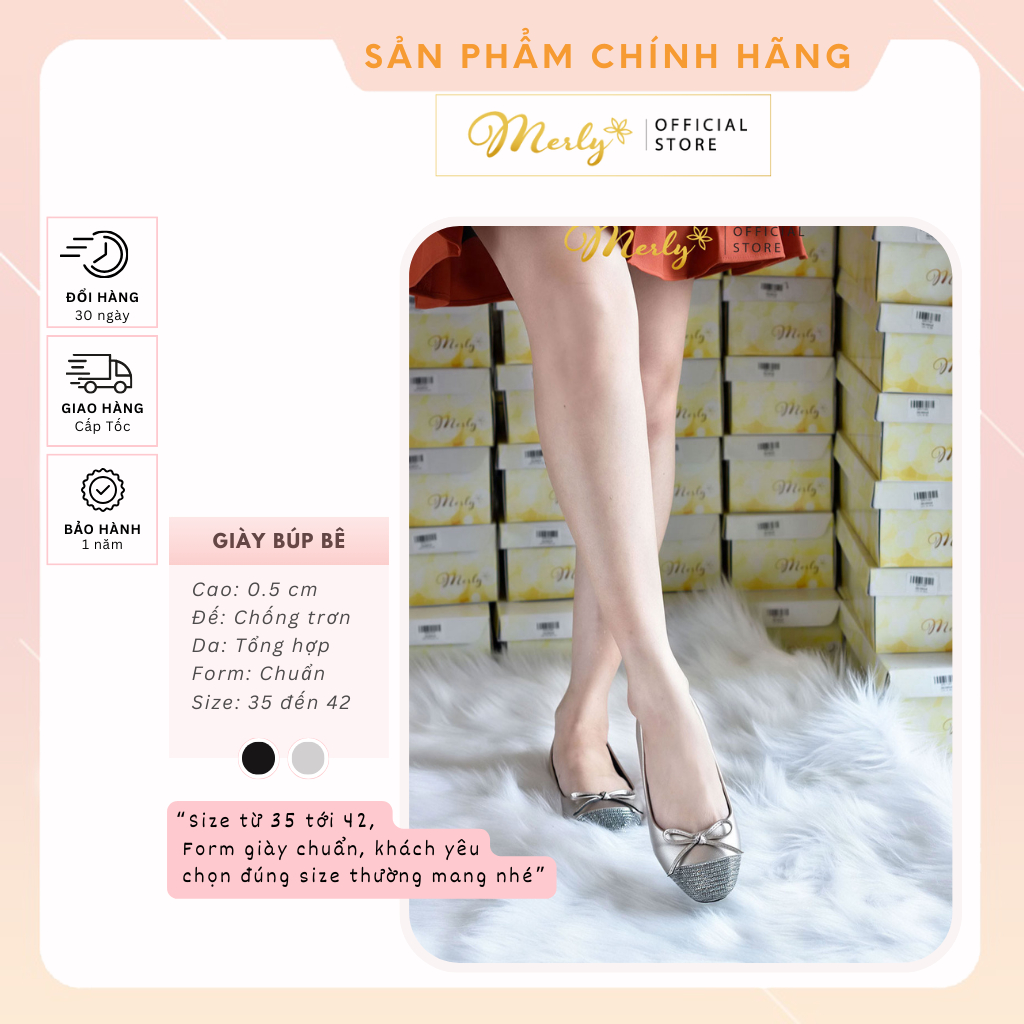 [Form Lớn 0.5 Size] Giày Bệt Mũi Vuông Nơ Xinh Merly 1202 Tone Đen Giày Búp Bê Big Size 35 Đến 42, Giày Bệt Bít Mũi