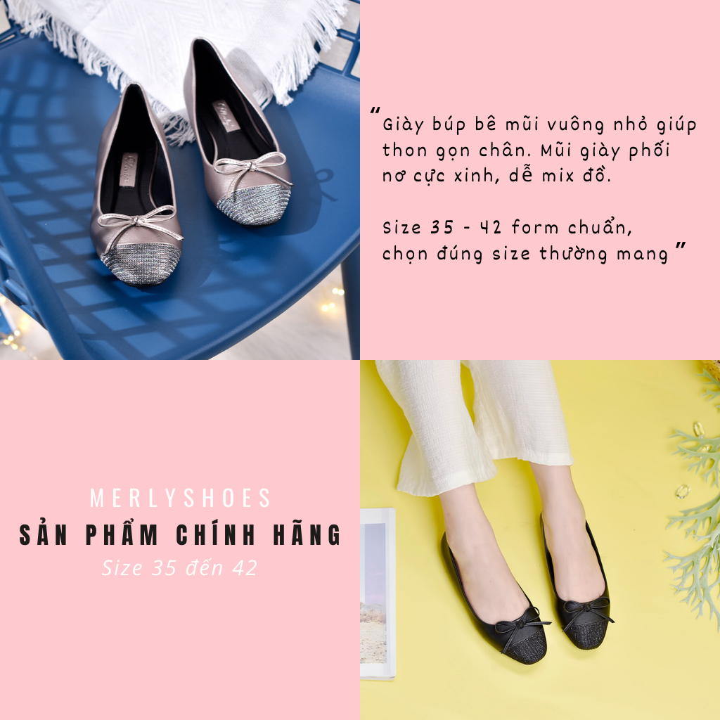 Giày Bệt Mũi Vuông Nơ Xinh Merly 1202 Tone Đen Giày Búp Bê Big Size 35 Đến 42, Giày Bệt Bít Mũi