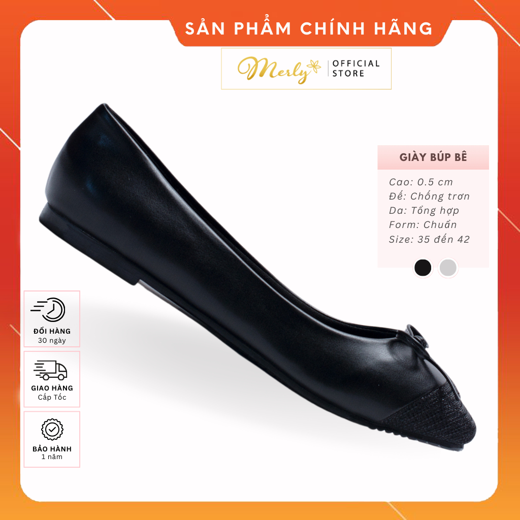 Giày Bệt Mũi Vuông Nơ Xinh Merly 1202 Tone Đen Giày Búp Bê Big Size 35 Đến 42, Giày Bệt Bít Mũi
