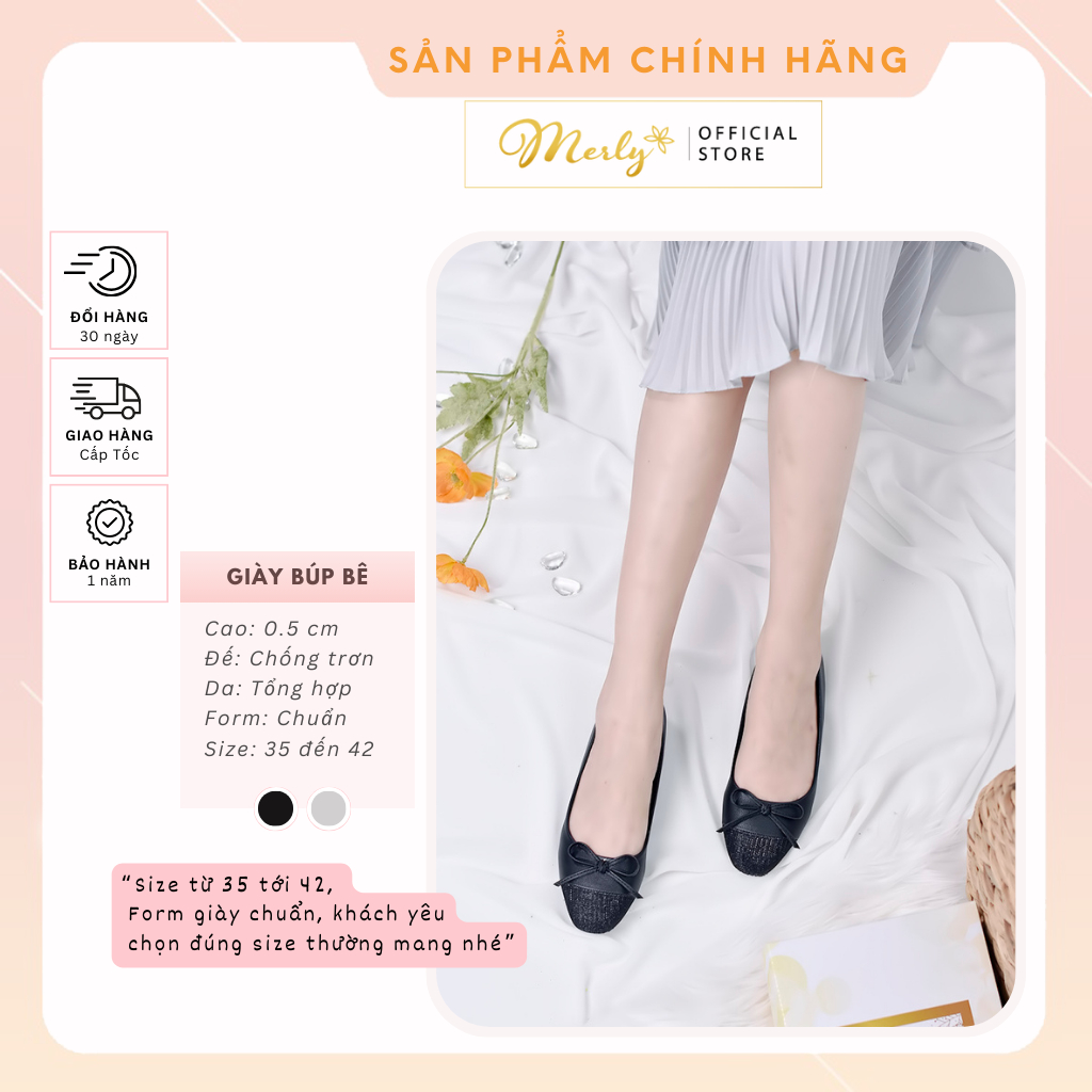 Giày Bệt Mũi Vuông Nơ Xinh Merly 1202 Tone Đen Giày Búp Bê Big Size 35 Đến 42, Giày Bệt Bít Mũi