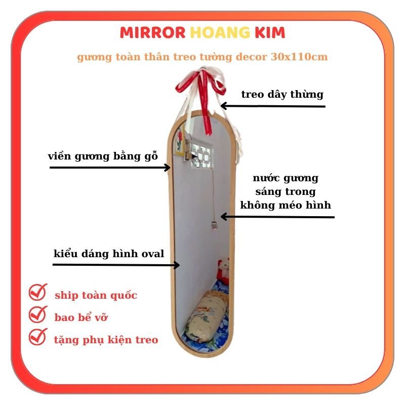 Gương toàn thân treo tường, combo gương oval viền gỗ decor trang trí phòng size 30x110cm guonghoangkim.official
