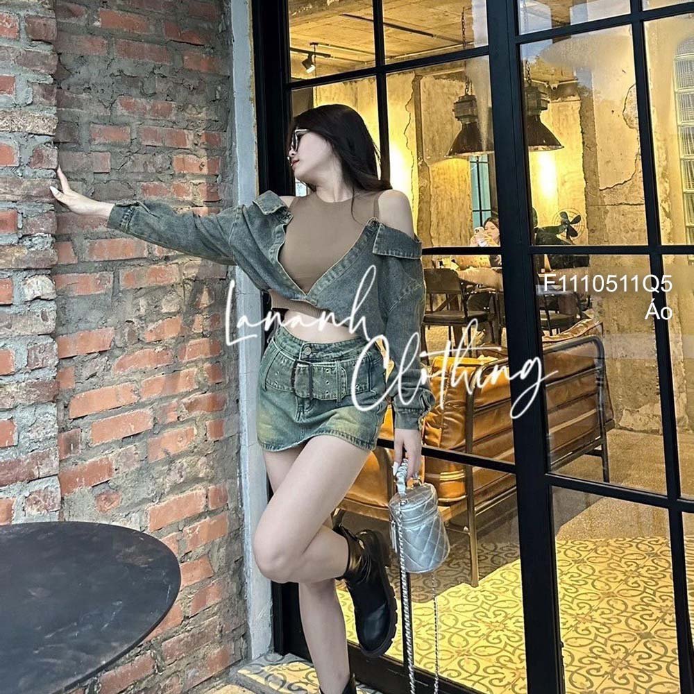 Áo kiểu thun phối jean hở vai hai bên tay dài hàng đẹp!