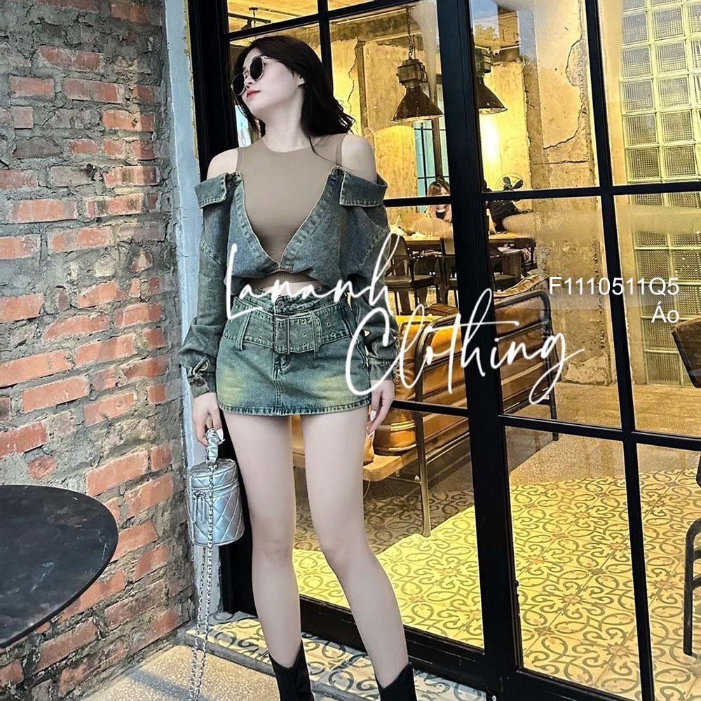 Áo kiểu thun phối jean hở vai hai bên tay dài hàng đẹp!
