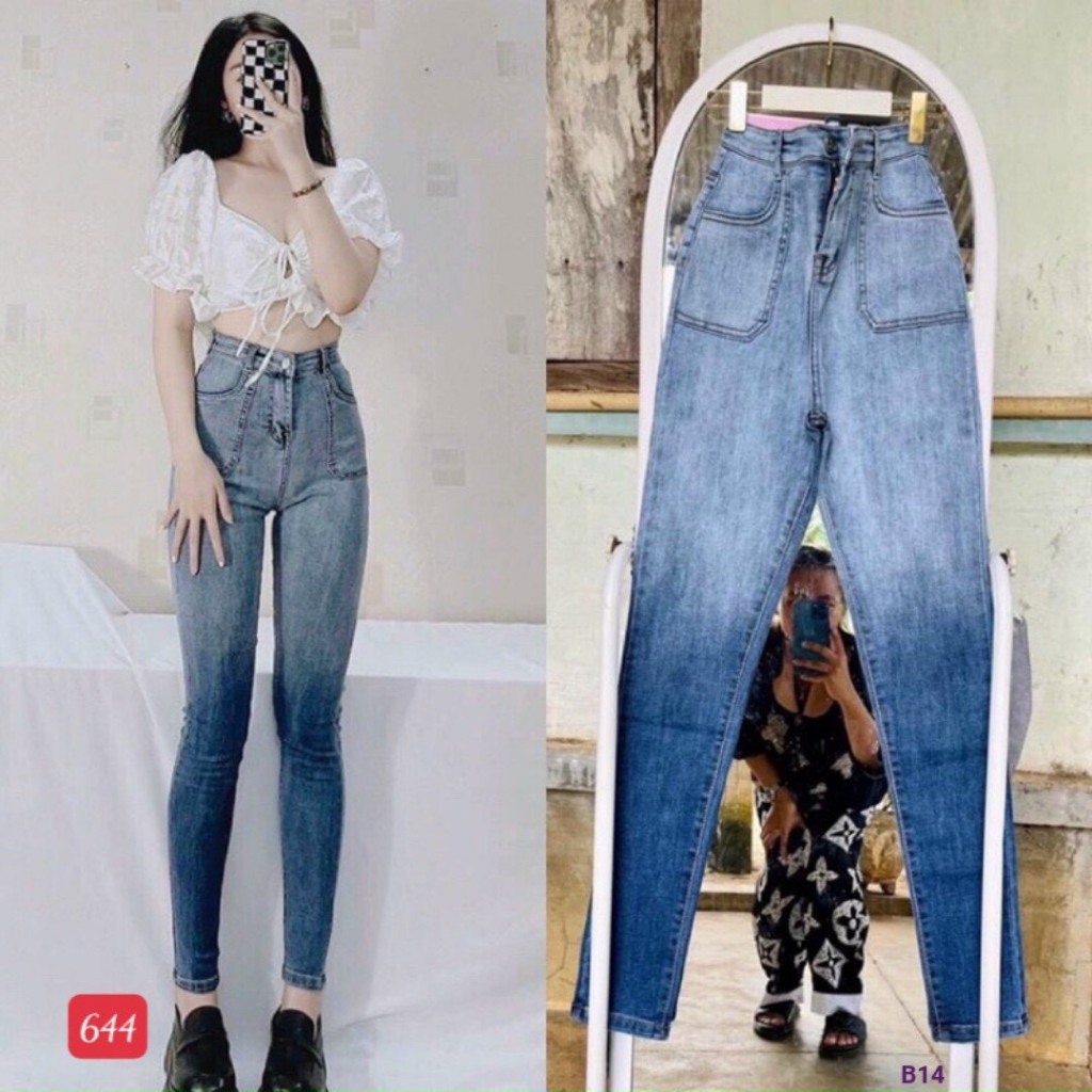 Quần jean nữ co giãn, quần bò lưng cao 9 tấc dáng ôm body cạp cao nhiều mẫu Bi_shop 173 ms614