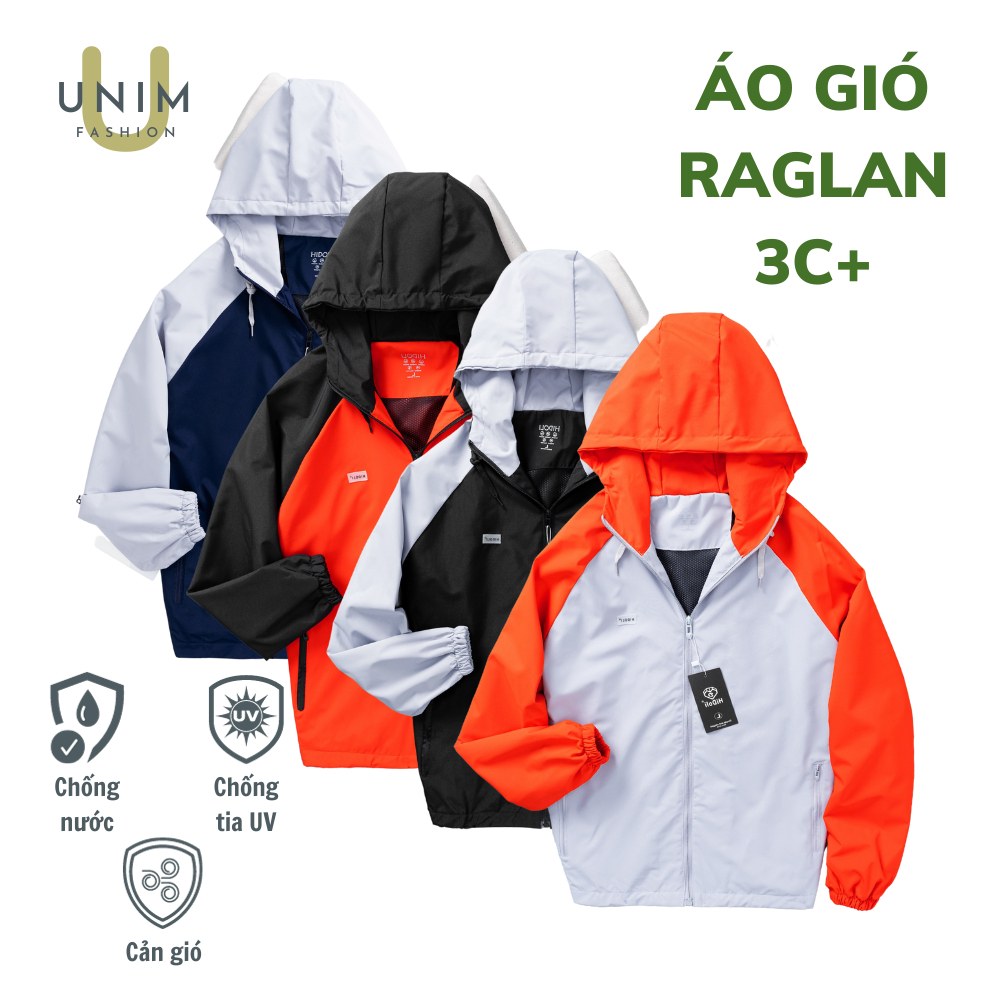 Áo Khoác Đôi Nam Nữ Phối Tay Raglan Unim Store Mũ Liền Áo Có Dây Rút Vải Gió Cao Cấp