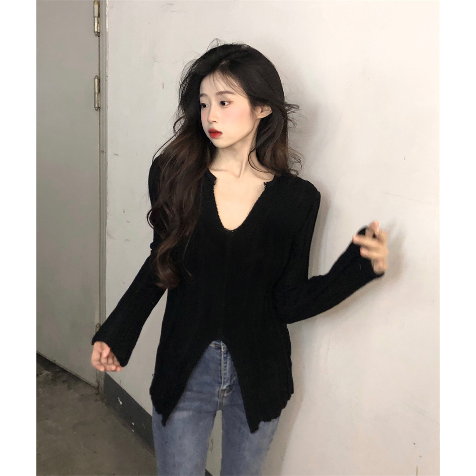 Áo len nữ dài tay INFLACHI cổ V xẻ tà sexy dệt kim mongtoghi chất co dãn hàng Quảng Châu Hàn Quốc hottrend MN0923-224