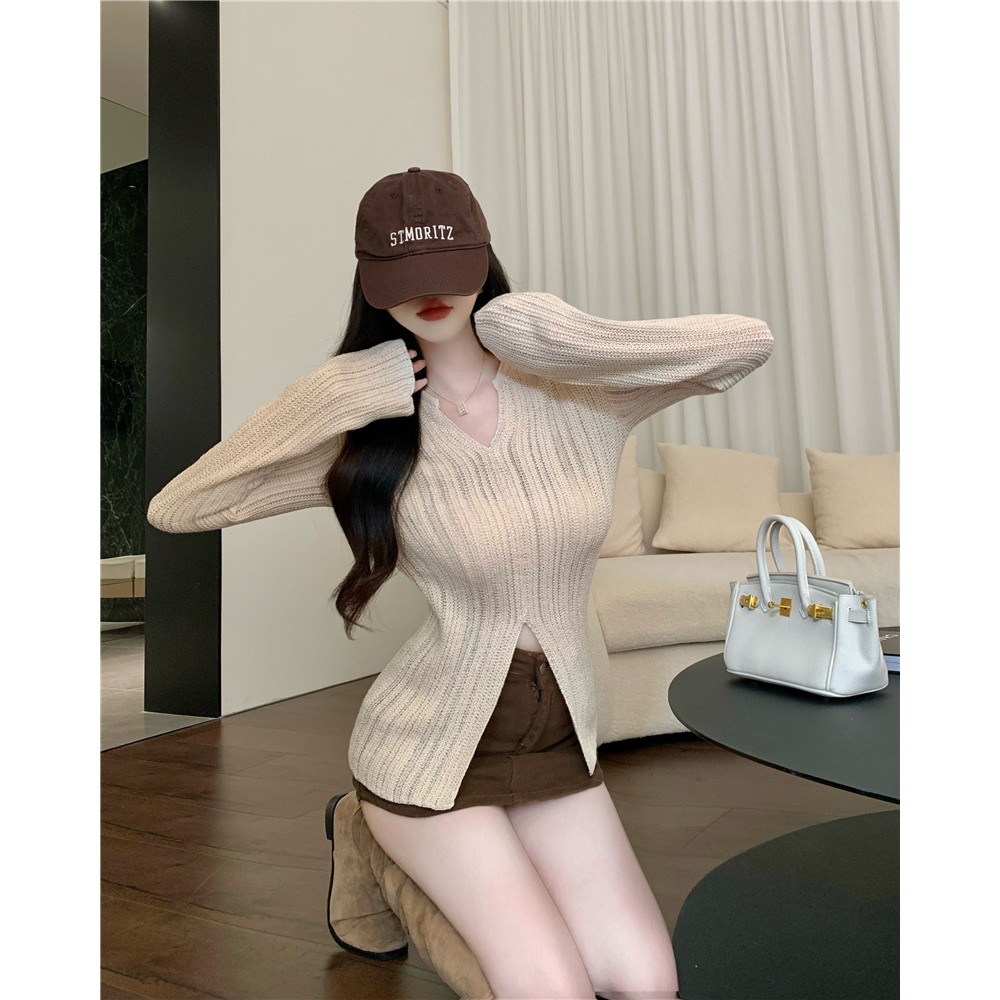 Áo len nữ dài tay INFLACHI cổ V xẻ tà sexy dệt kim mongtoghi chất co dãn hàng Quảng Châu Hàn Quốc hottrend MN0923-224