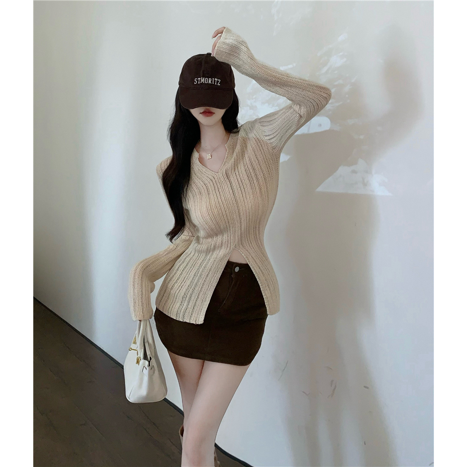 Áo len nữ dài tay INFLACHI cổ V xẻ tà sexy dệt kim mongtoghi chất co dãn hàng Quảng Châu Hàn Quốc hottrend MN0923-224