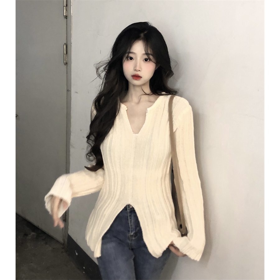 Áo len nữ dài tay INFLACHI cổ V xẻ tà sexy dệt kim mongtoghi chất co dãn hàng Quảng Châu Hàn Quốc hottrend MN0923-224