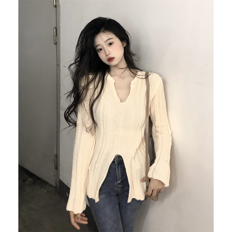 Áo len nữ dài tay INFLACHI cổ V xẻ tà sexy dệt kim mongtoghi chất co dãn hàng Quảng Châu Hàn Quốc hottrend MN0923-224