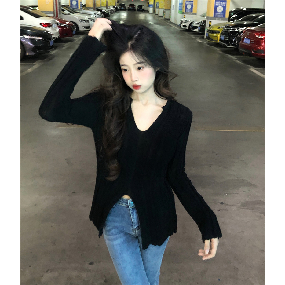 Áo len nữ dài tay INFLACHI cổ V xẻ tà sexy dệt kim mongtoghi chất co dãn hàng Quảng Châu Hàn Quốc hottrend MN0923-224