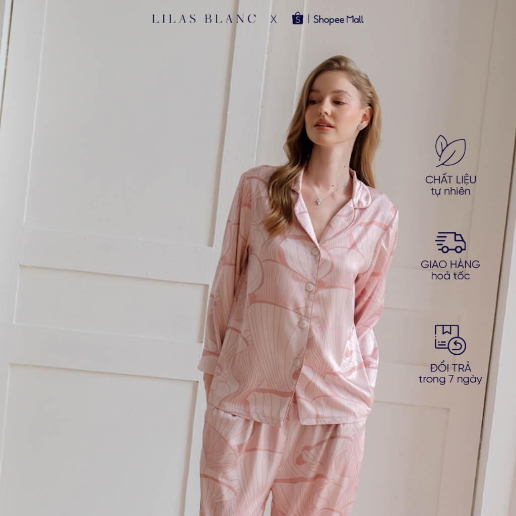 Bộ Pyjamas Nữ Mặc Nhà Áo Dài Quần Dài Chất Liệu Lụa Nhiều Màu In Họa Tiết Evelyne LILAS BLANC