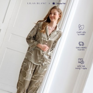 Bộ pyjamas nữ mặc nhà áo dài quần dài chất liệu lụa màu rêu in họa tiết evelyne lilas blanc