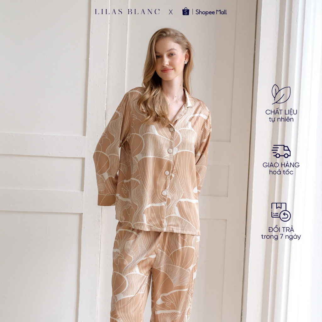 Bộ Pyjamas Nữ Mặc Nhà Áo Dài Quần Dài Chất Liệu Lụa Màu Nâu Lạnh In Họa Tiết Phối Viền Trắng Evelyne LILAS BLANC