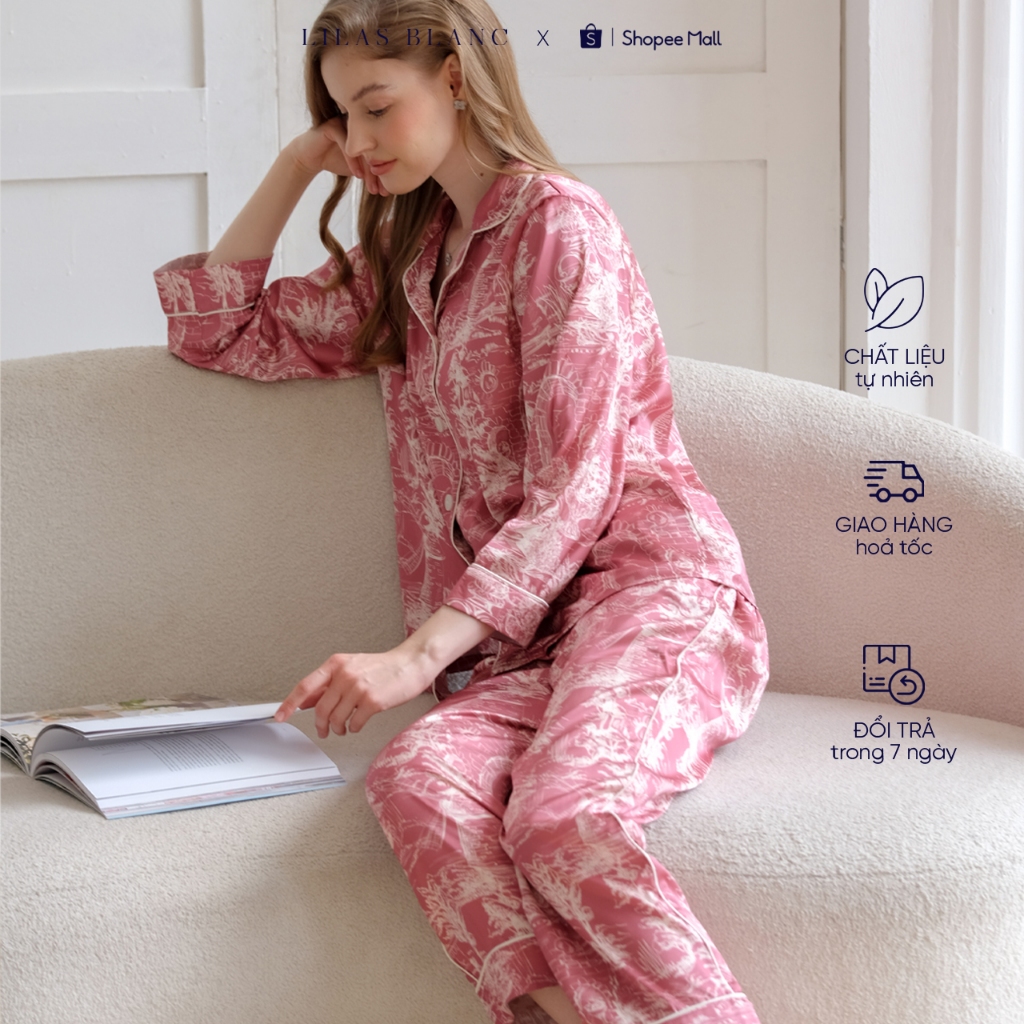 Bộ Pyjamas Nữ Mặc Nhà Quần Dài Áo Dài Chất Liệu Lụa In Hoa Tiết Paris Hồng Đỗ Xanh Cốm LILAS BLANC