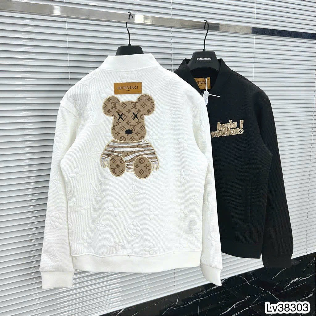 Áo Khoác Bomber LV Vân Dập Nổi Phối Màu Unisex Logo Thêu Hình Gấu Chất Nỉ Bông Dày Dặn Siêu Chất ShuShiShop
