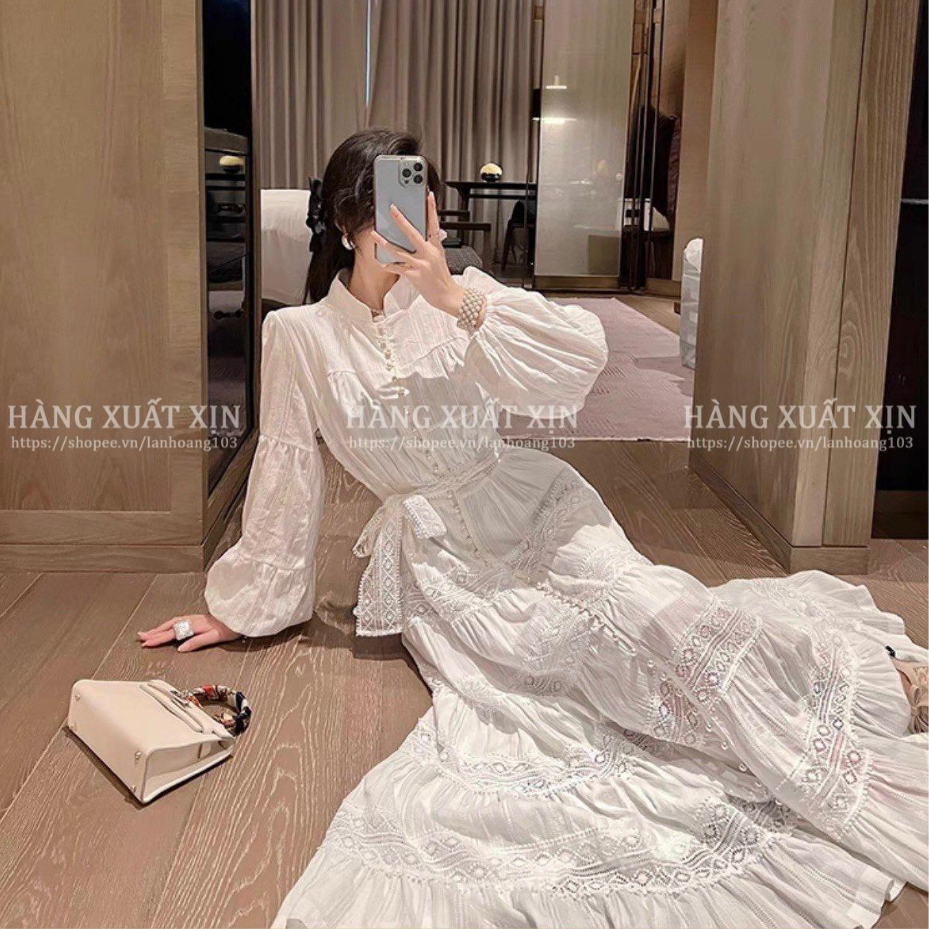 Đầm váy suông thô ren trắng cao cấp kèm belt sang chảnh