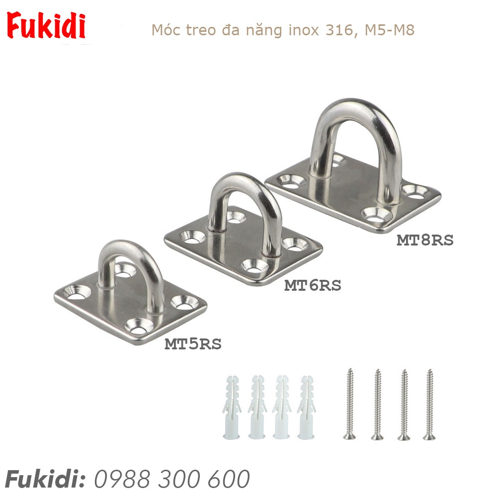 Móc treo đa năng inox 316 đế chữ nhật KT 35x40 dày 2.5mm, móc M6 - MT6RS