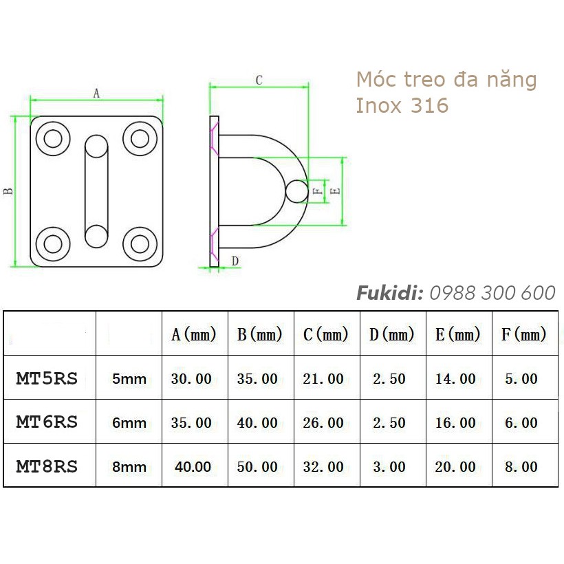 Móc treo đa năng inox 316 đế chữ nhật KT 35x40 dày 2.5mm, móc M6 - MT6RS