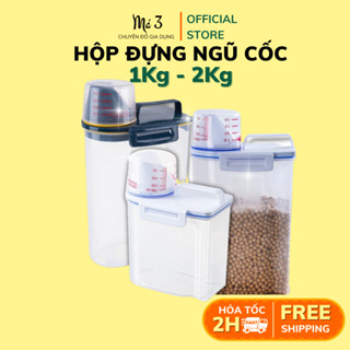 Hộp Nhựa Đựng Ngũ Cốc, Hũ Đựng Gạo, Hộp Đựng Hạt Có Cốc Đong, Dung Tích, Nhựa PP An Toàn, Chống Ẩm Mốc, 1kg - 2kg