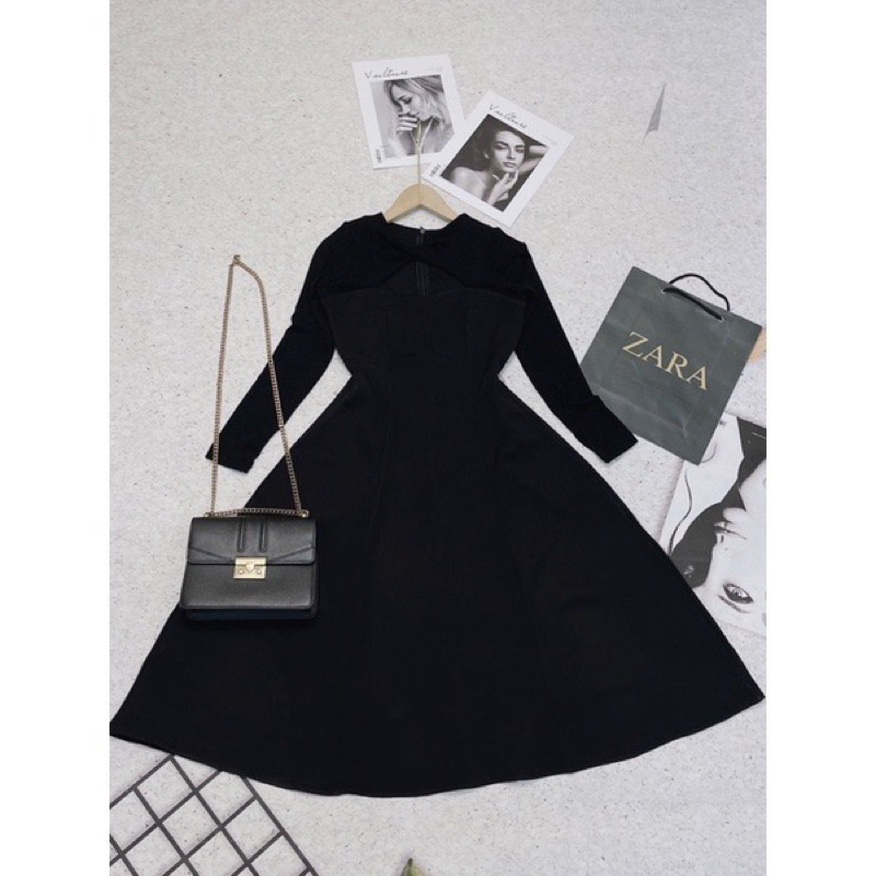 Váy thiết kế tay dài pha nhũ, váy dáng xòe dài tiểu thư sang chảnh