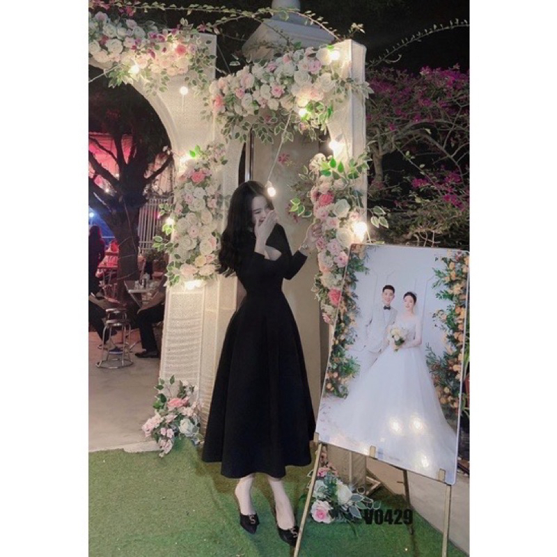 Váy thiết kế tay dài pha nhũ, váy dáng xòe dài tiểu thư sang chảnh