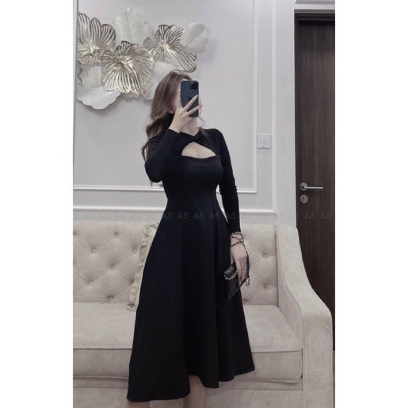 Váy thiết kế tay dài pha nhũ, váy dáng xòe dài tiểu thư sang chảnh