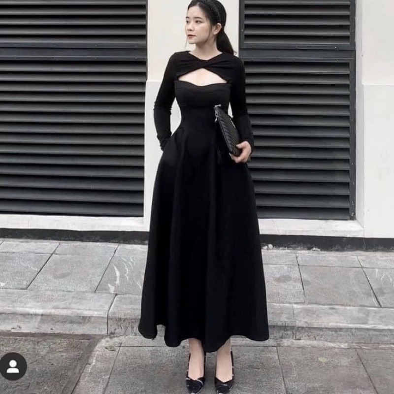 Váy thiết kế tay dài pha nhũ, váy dáng xòe dài tiểu thư sang chảnh