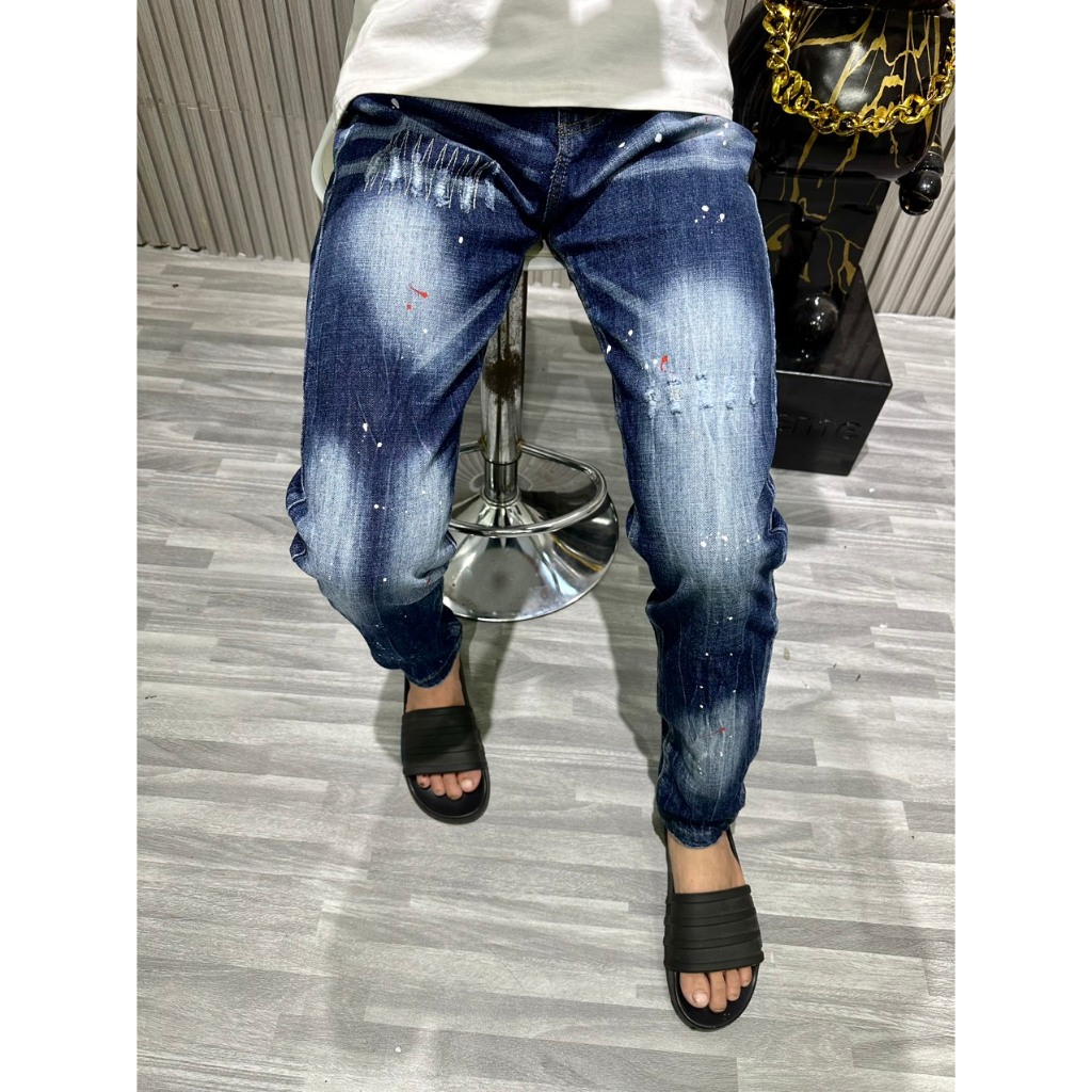 Quần jean  dài nam dsq2 màu xanh họa tiết lá thêu