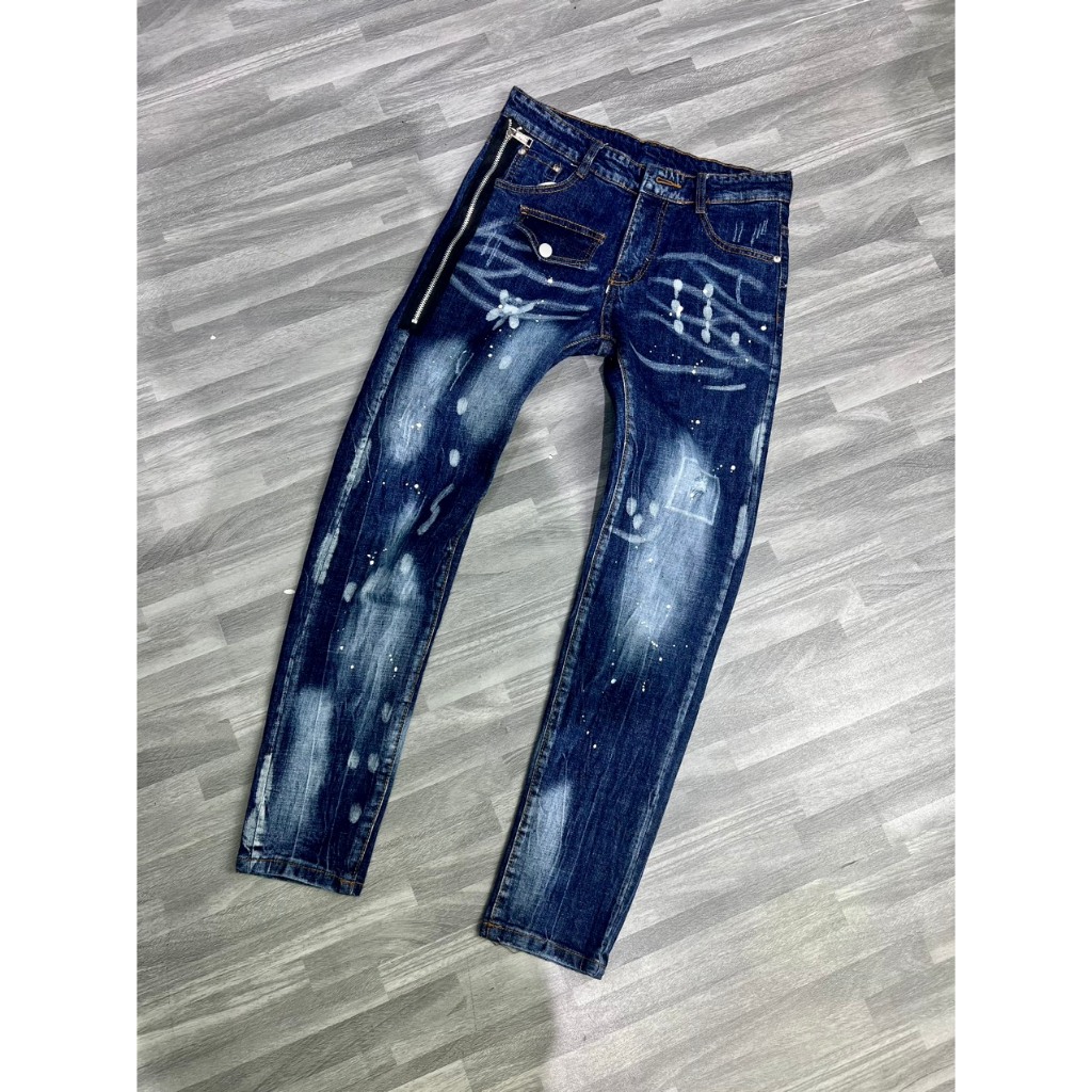 Quần jean  dài nam dsq2 màu xanh đậm vẩy sơn khóa sườn phối túi