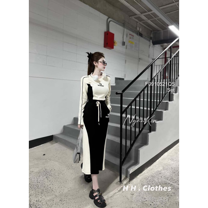 Set bộ áo croptop tay dài phối màu kèm chân váy sang trọng VIENS STORE