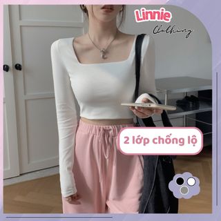 Áo dài tay nữ cổ vuông Linnie, Áo croptop nữ ôm body tay dài chất vải cotton may 2 lớp