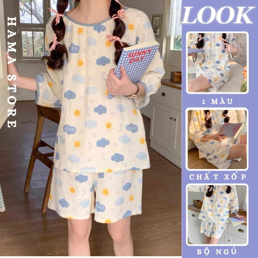 Đồ bộ nữ đồ ngủ mặc nhà tay lửng vải xốp quần ngắn mùa hè cute dễ thương-BNN19